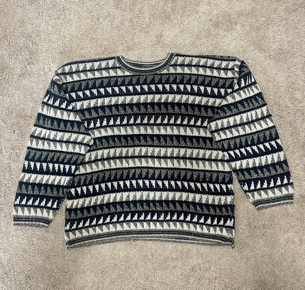 Vintage David Taylor Sweater Mens Large Gray Black Geometric Knit Made USA 90s